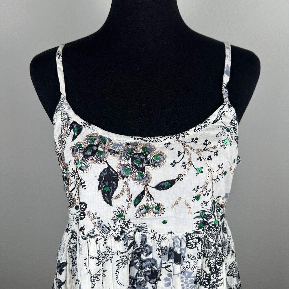 Chaudry KC Babydoll Mini Dress Size Large Sequin Pleated Bubble Hem Cottage Boho - Picture 3 of 15